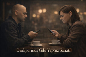 dinliyormuş gibi yapma sanatı, telefona bakan iki kişi ve iletişim eksikliği