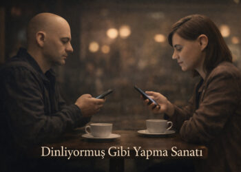 dinliyormuş gibi yapma sanatı, telefona bakan iki kişi ve iletişim eksikliği