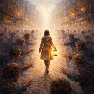 insanlar kötüleşirken iyi kalabilmek ve direnmek temalı sanatsal şehir sahnesi