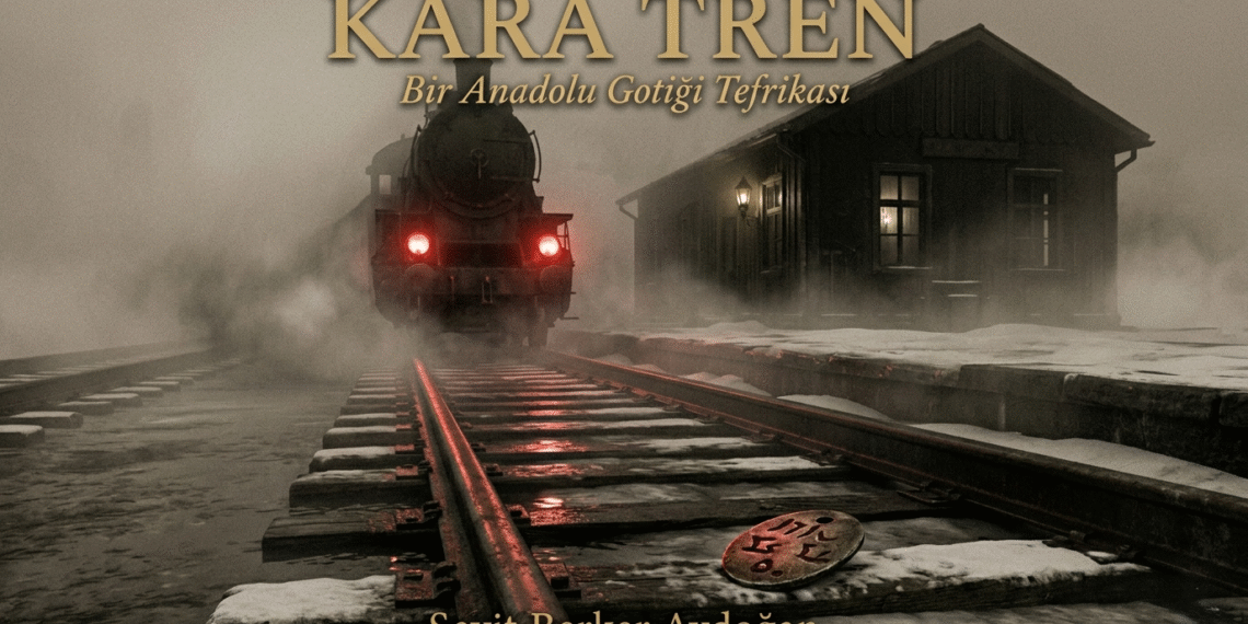 Kara Tren Anadolu Gotiği Tefrikası Kapak Görseli: Kırmızı farlarıyla sisler içinden çıkan hayalet bir tren ve rayların üzerinde bir Osmanlı asker künyesi.