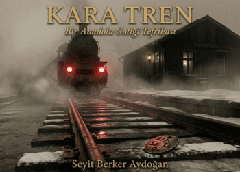 Kara Tren Anadolu Gotiği Tefrikası Kapak Görseli: Kırmızı farlarıyla sisler içinden çıkan hayalet bir tren ve rayların üzerinde bir Osmanlı asker künyesi.