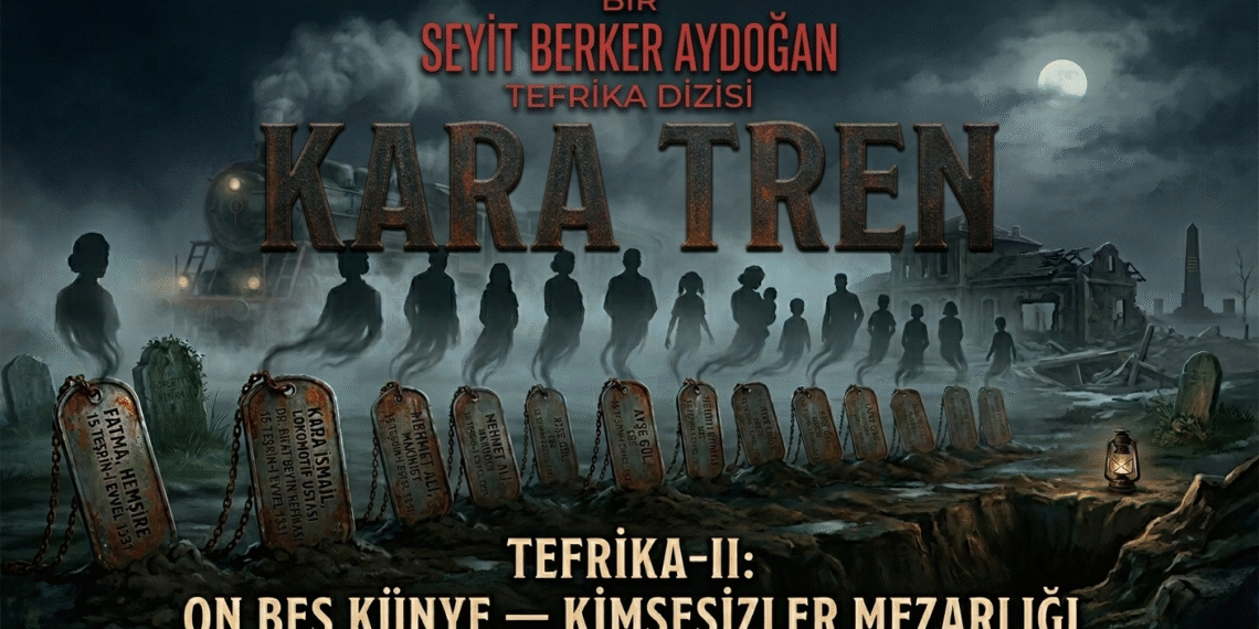 Kara Tren Tefrika II: On Beş Künye Kimsesizler Mezarlığı kitap kapağı. Paslı raylar üzerinde 15 asker künyesi, sisli bir gecede eski bir buharlı tren silueti. Anadolu Gotiği atmosferi.