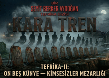 Kara Tren Tefrika II: On Beş Künye Kimsesizler Mezarlığı kitap kapağı. Paslı raylar üzerinde 15 asker künyesi, sisli bir gecede eski bir buharlı tren silueti. Anadolu Gotiği atmosferi.